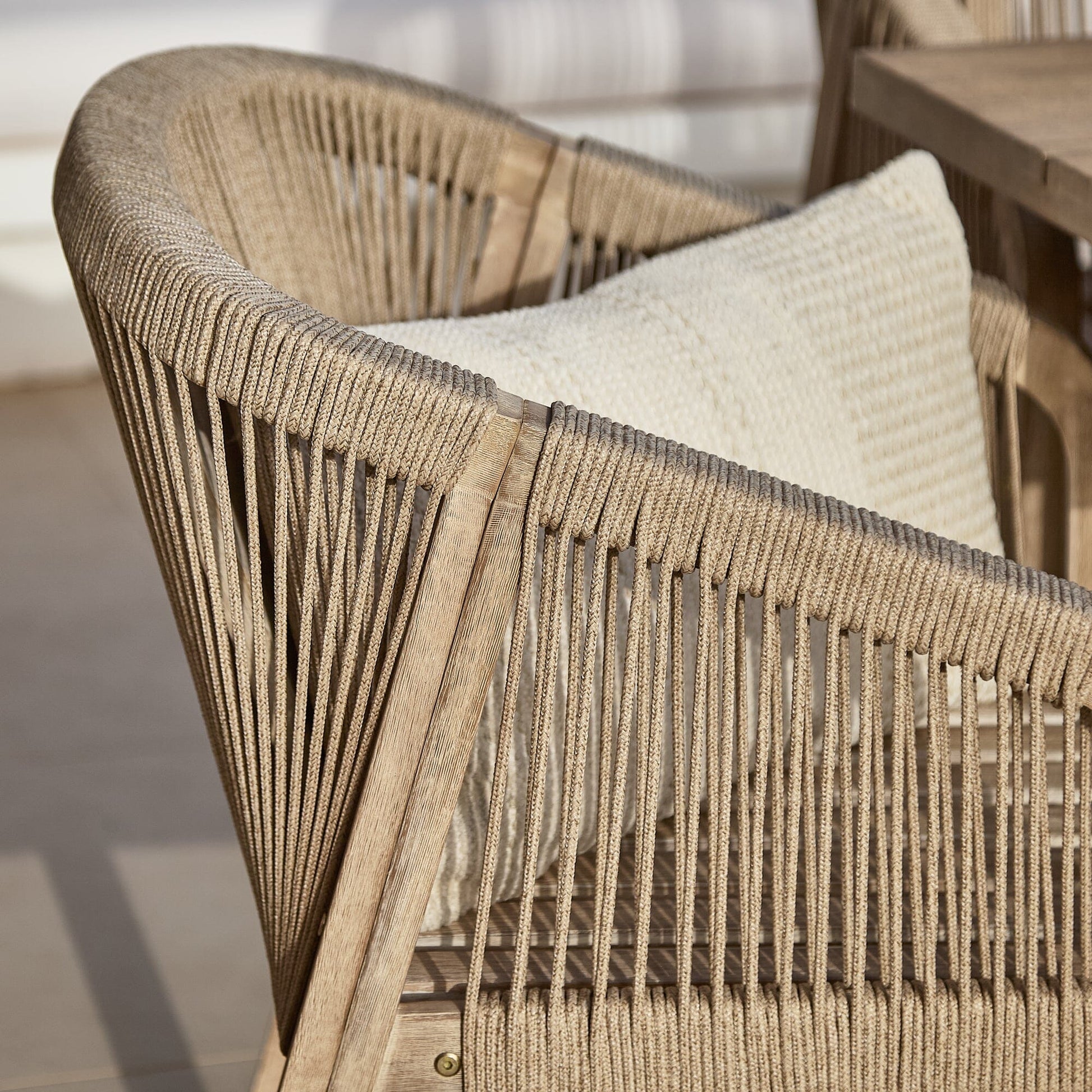 Palm 6 Seater Wooden Garden Dining Set with 4 Nala Sand Cushioned Chairs & Charlotte Bench - Laura James 