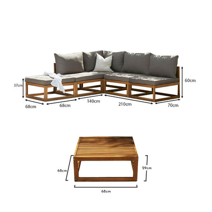 Rowan 5 Seater Wooden Garden Chaise Corner Sofa Set with Coffee Table - Grey