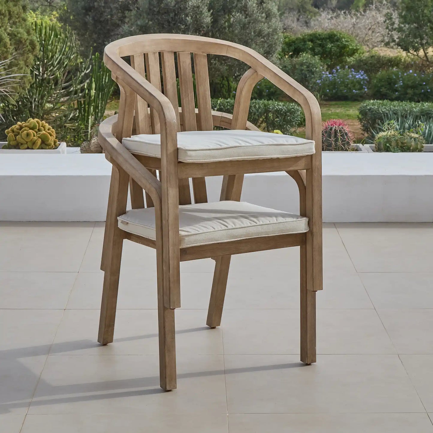 Shiro Wooden Garden Chairs with White Cushions - Set of 2 - Laura James 