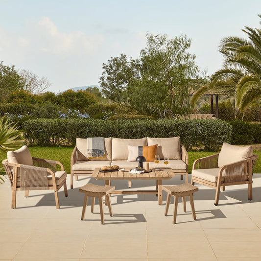 Shiro Wooden Garden Set with 3 Seater Sofa - 2 Shiro Armchairs - 2 Stools & Coffee Table - Laura James