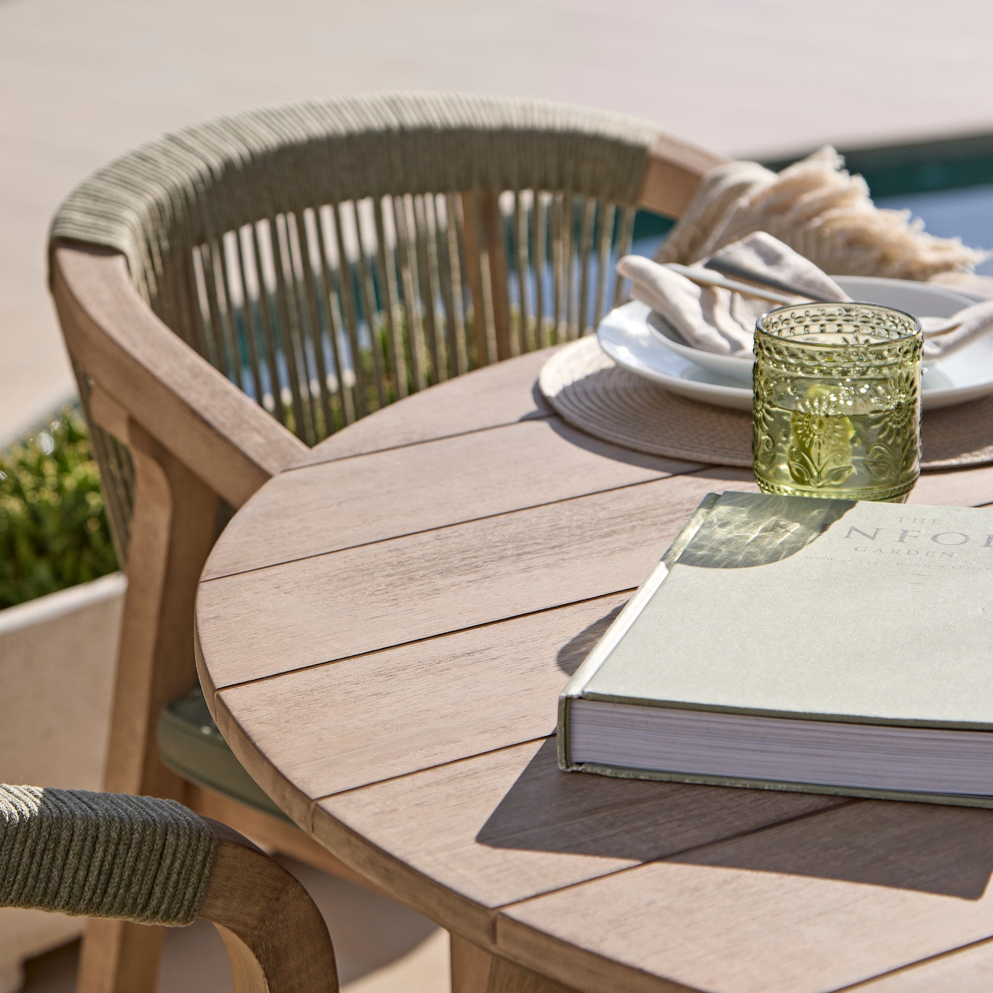 Shiro 4 Seater Round Wooden Garden Dining Set with Shiro Green Rope Dining Chairs - 120cm - Laura James