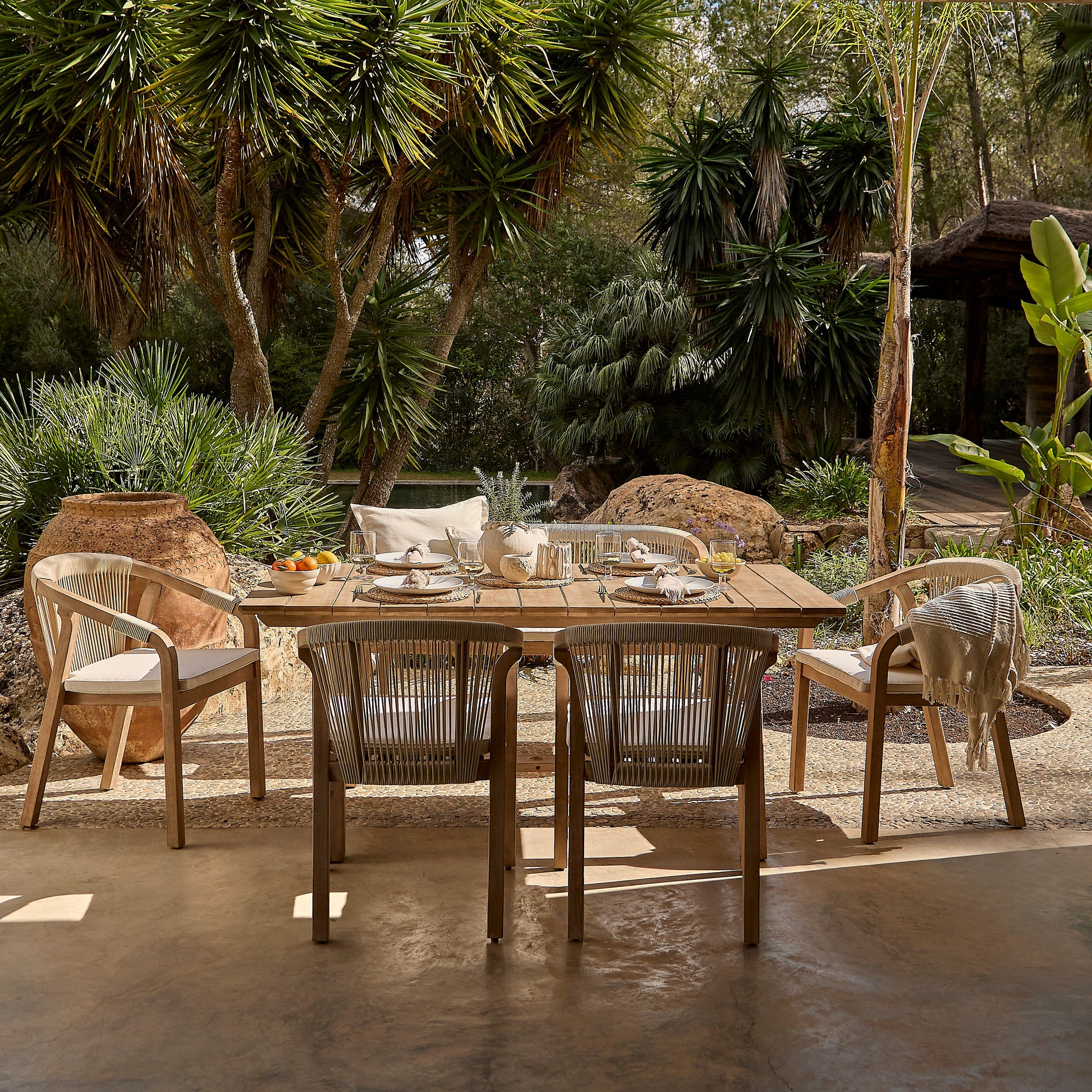 Shiro 6 Seater Wooden Garden Dining Set with Shiro Beige Rope Chairs & Bench - 180cm - Laura James