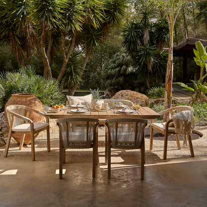 Shiro 6 Seater Wooden Garden Dining Set with Shiro Beige Rope Chairs & Bench - 180cm - Laura James