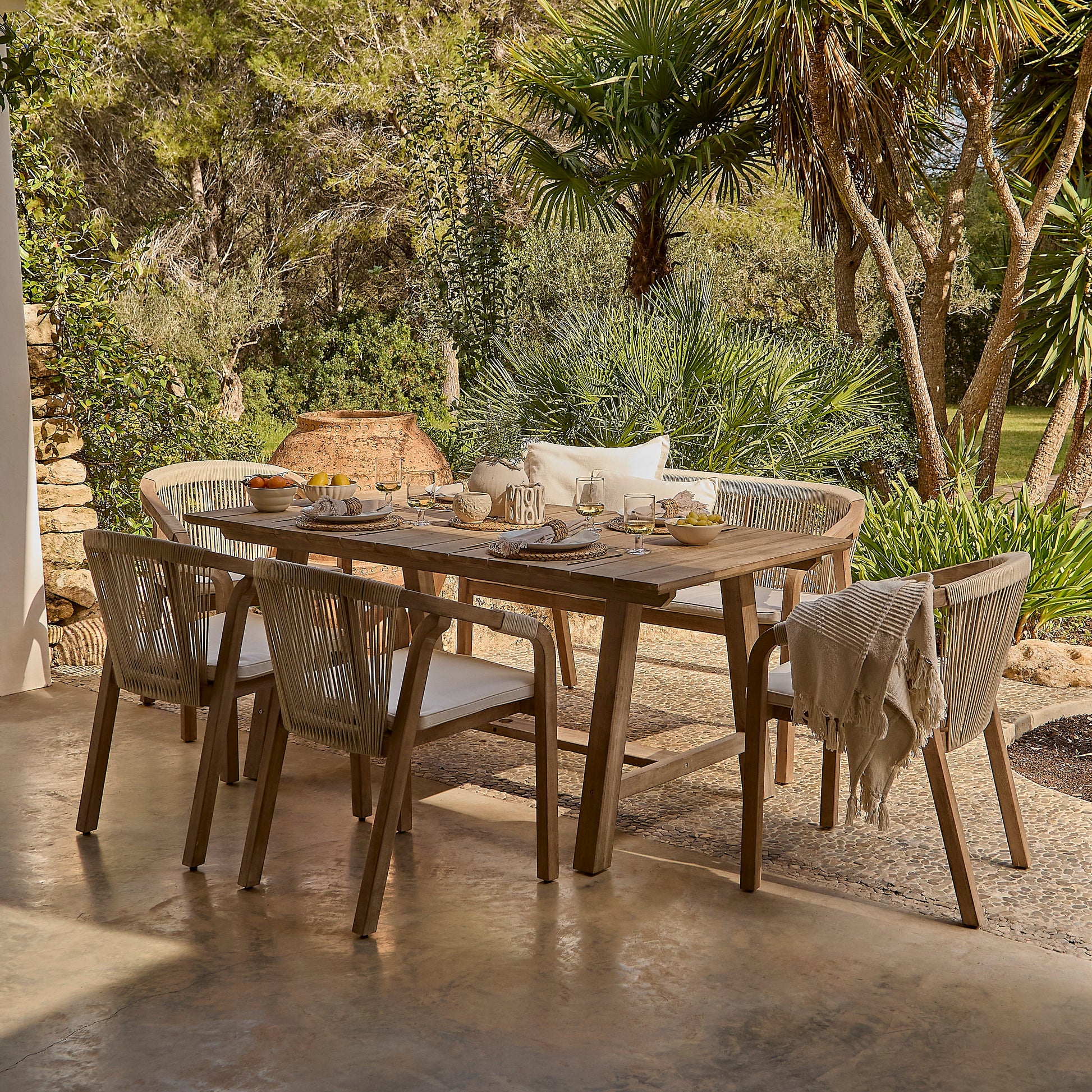 Shiro 6 Seater Wooden Garden Dining Set with Shiro Beige Rope Chairs & Bench - 180cm - Laura James