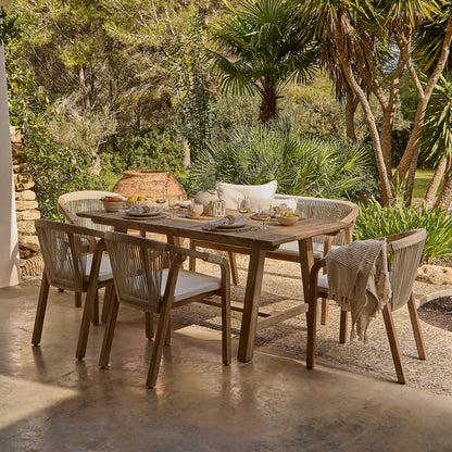 Shiro 6 Seater Wooden Garden Dining Set with Shiro Beige Rope Chairs & Bench - 180cm - Laura James