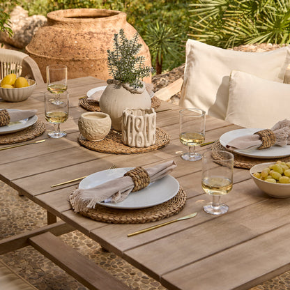 Shiro 6 Seater Wooden Garden Dining Set with Shiro Beige Rope Chairs & Bench - 180cm - Laura James