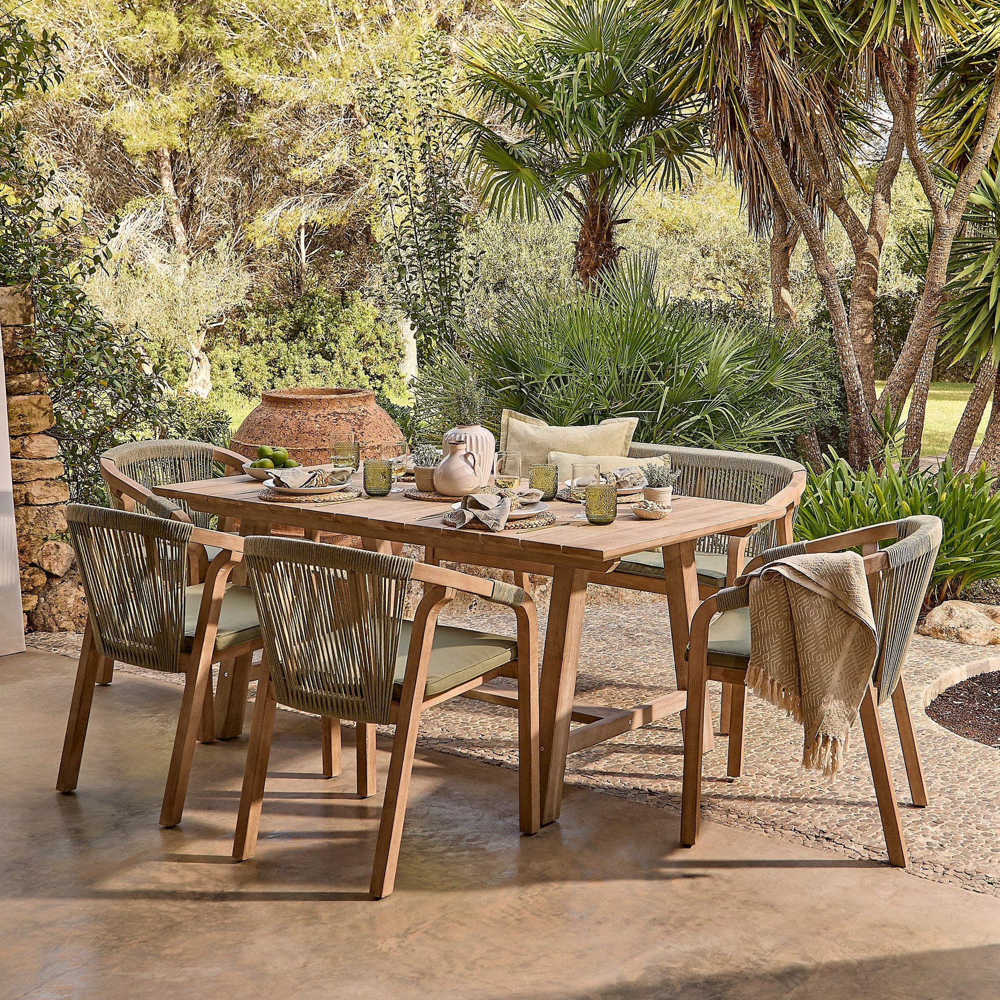 Shiro 6 Seater Wooden Garden Dining Set with Shiro Green Rope Chairs & Bench - 180cm - Laura James