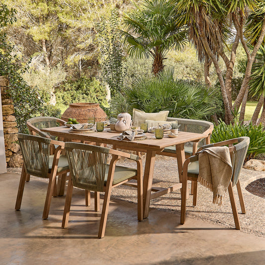 Shiro 6 Seater Wooden Garden Dining Set with Shiro Green Rope Chairs & Bench - 180cm - Laura James