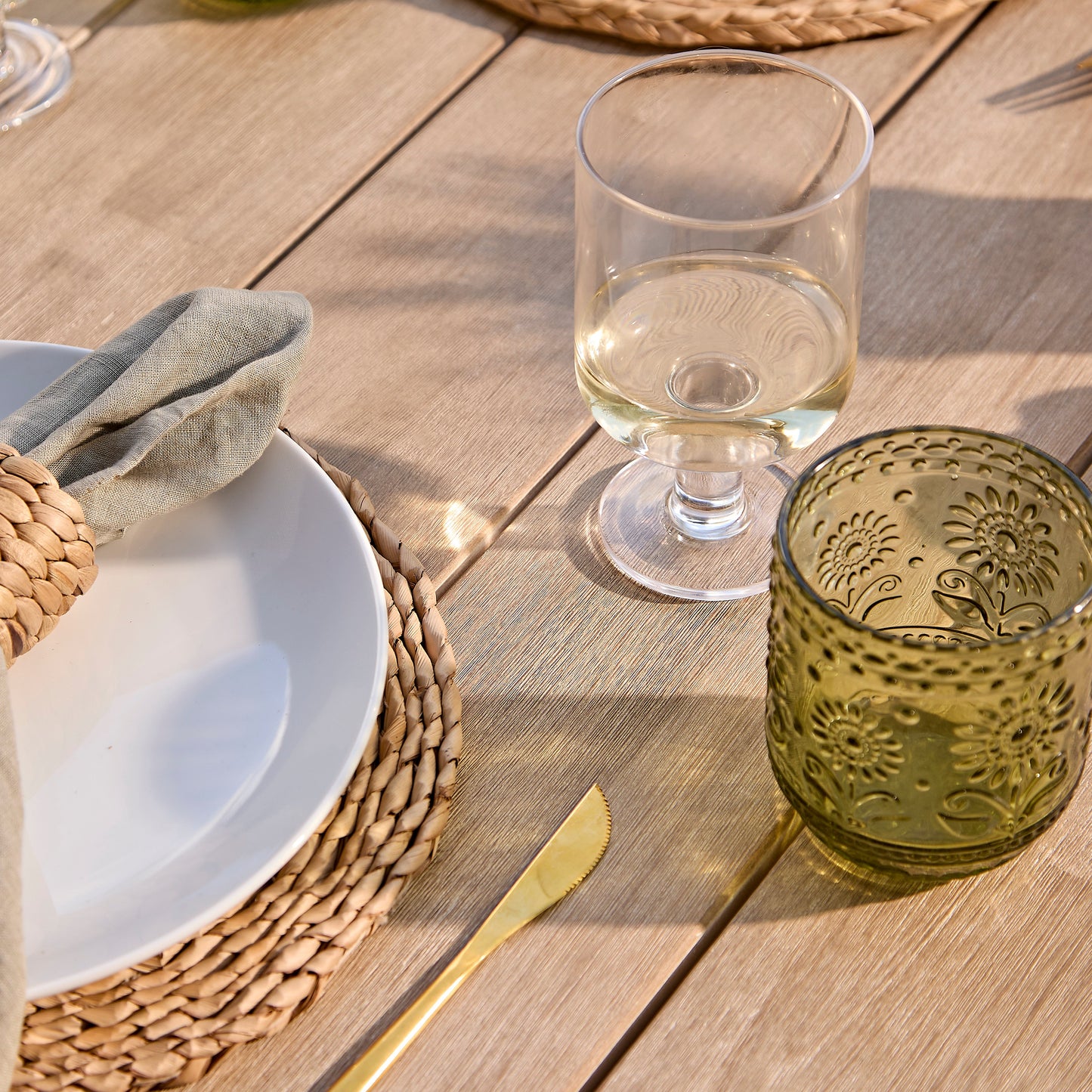 Shiro 6 Seater Wooden Garden Dining Set with Shiro Green Rope Chairs & Bench - 180cm - Laura James