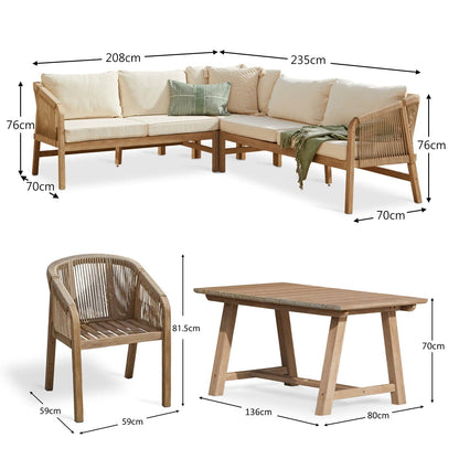Shiro Wooden Garden Corner Dining Sofa Set with 2 Nala Sand Cushioned Chairs - Laura James