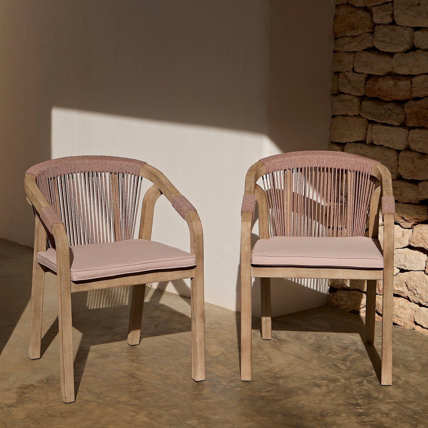 Shiro Brushed Light Acacia Garden Chairs - Set of 2 - Mottled Pink Rope - Laura James 