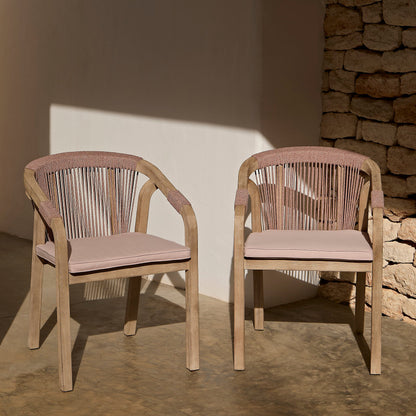 Shiro Brushed Light Acacia Garden Chairs - Set of 2 - Mottled Pink Rope - Laura James 