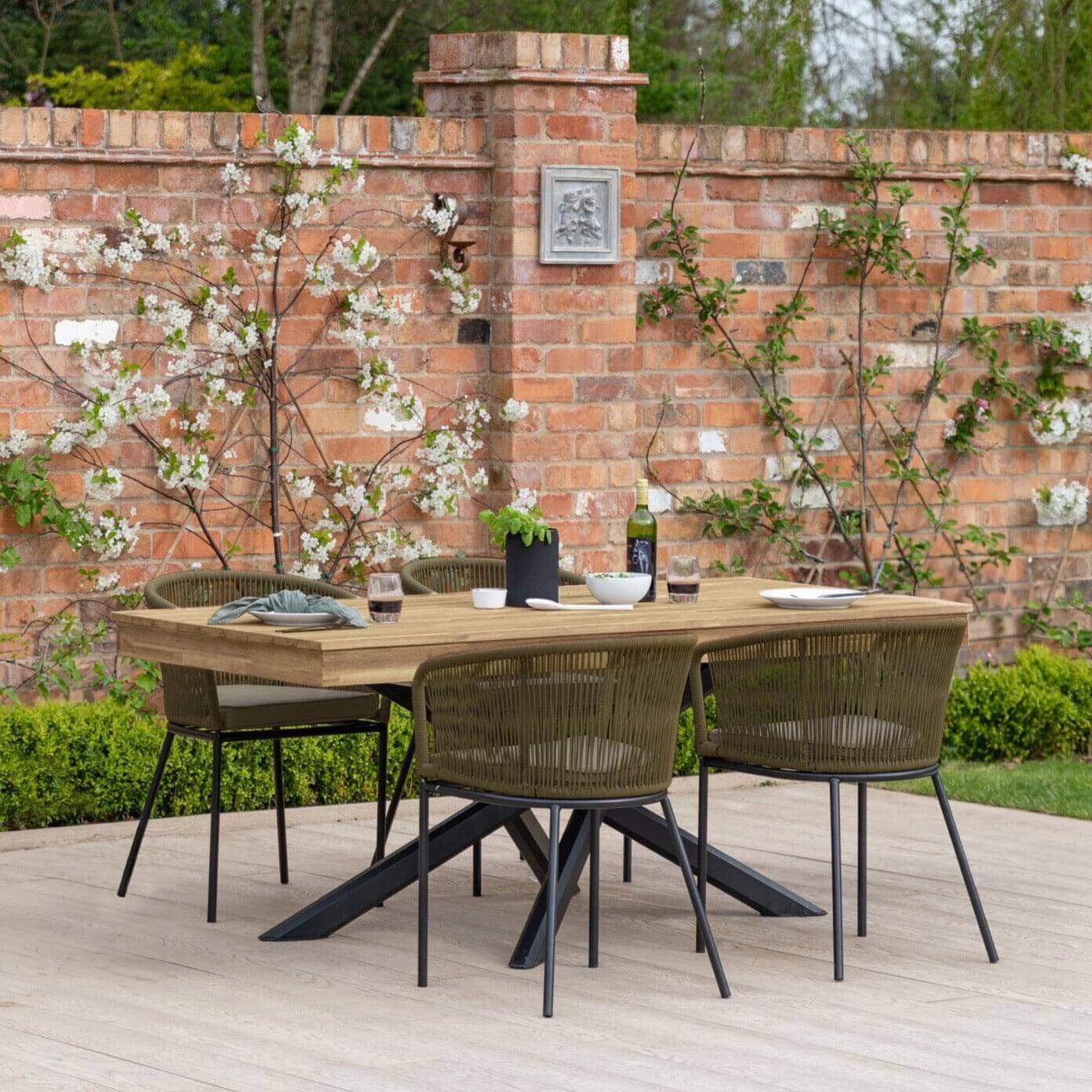 Amelia 4 Seater Natural Wood Black Legs Garden Dining Set - Hali Green Chairs - Laura James