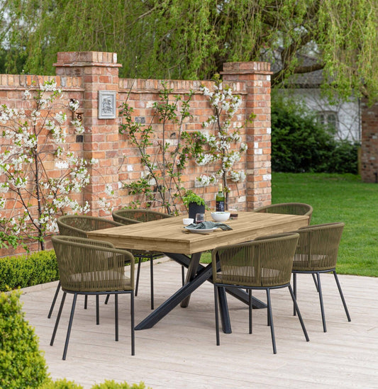 Amelia 6 Seater Natural Wood Black Legs Garden Dining Set - Hali Green Chairs - Laura James 