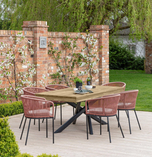 Amelia 6 Seater Natural Wood Black Legs Garden Dining Set - Hali Pink Chairs - Laura James 