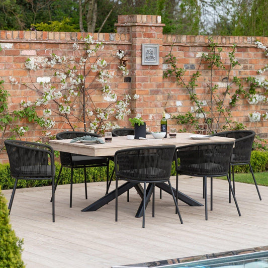 Amelia 6 Seater Whitewash Wood Black Legs Garden Dining Set - Hali Black Chairs - Laura James