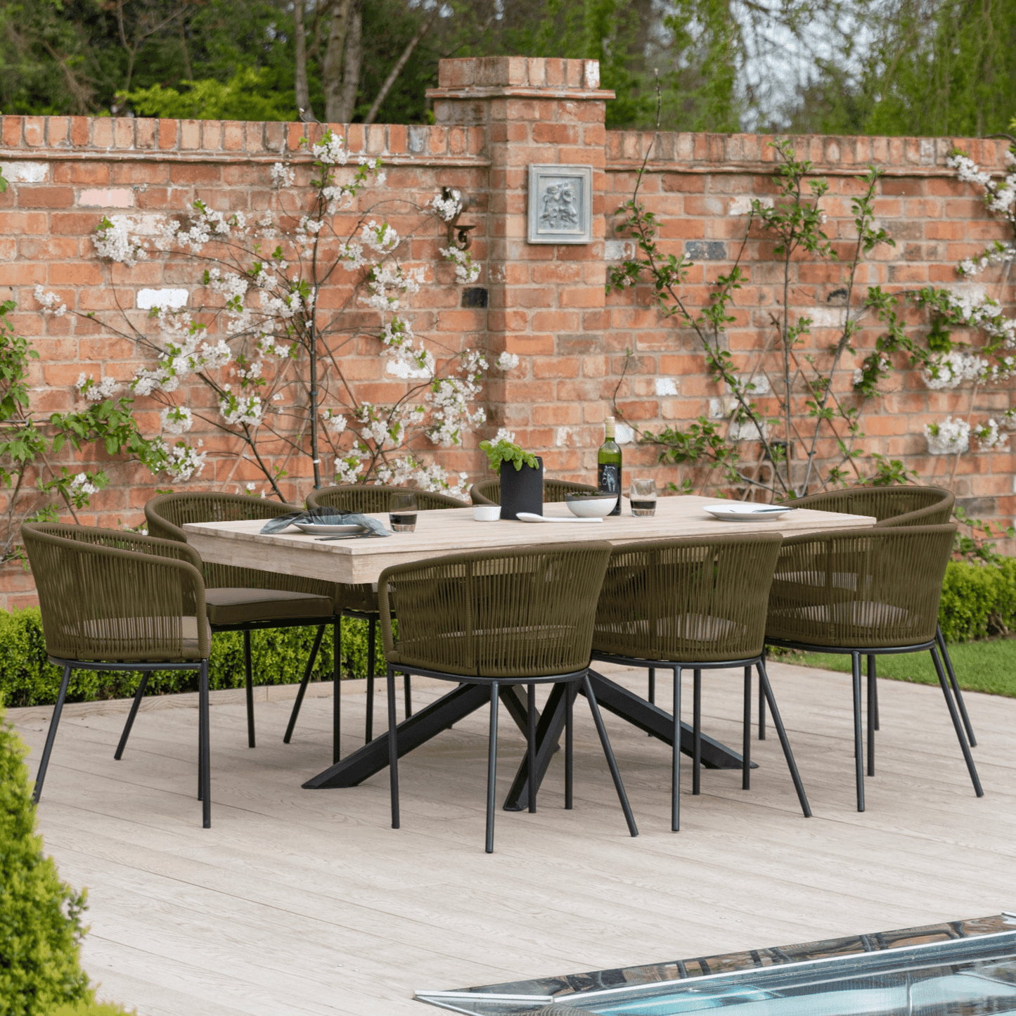 Amelia 8 Seater Whitewash Wood Black Legs Garden Dining Set - Hali Green Chairs - Laura James