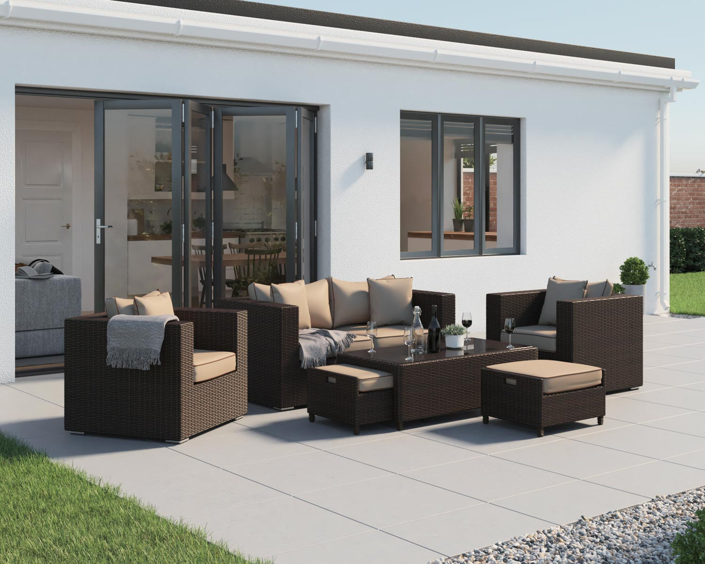 Ascot 4 Seater Rattan Garden Sofa Set in Chocolate and Cream