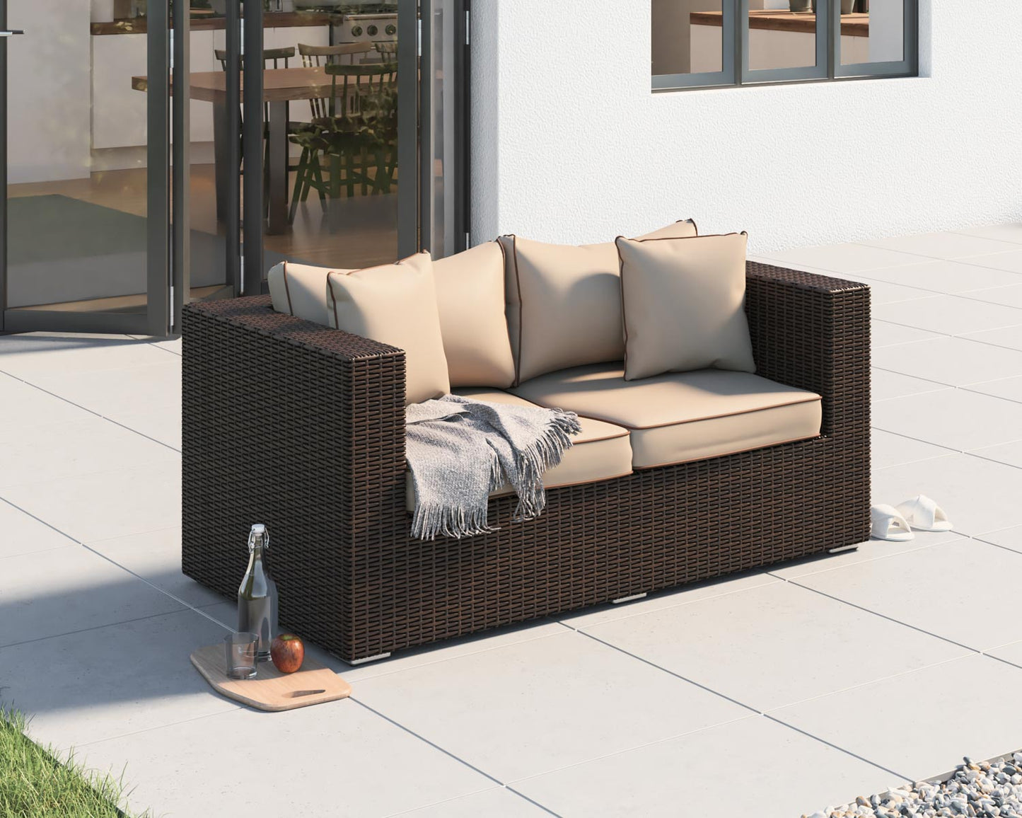 Ascot 2 Seater Rattan Garden Sofa in Chocolate Mix and Coffee Cream