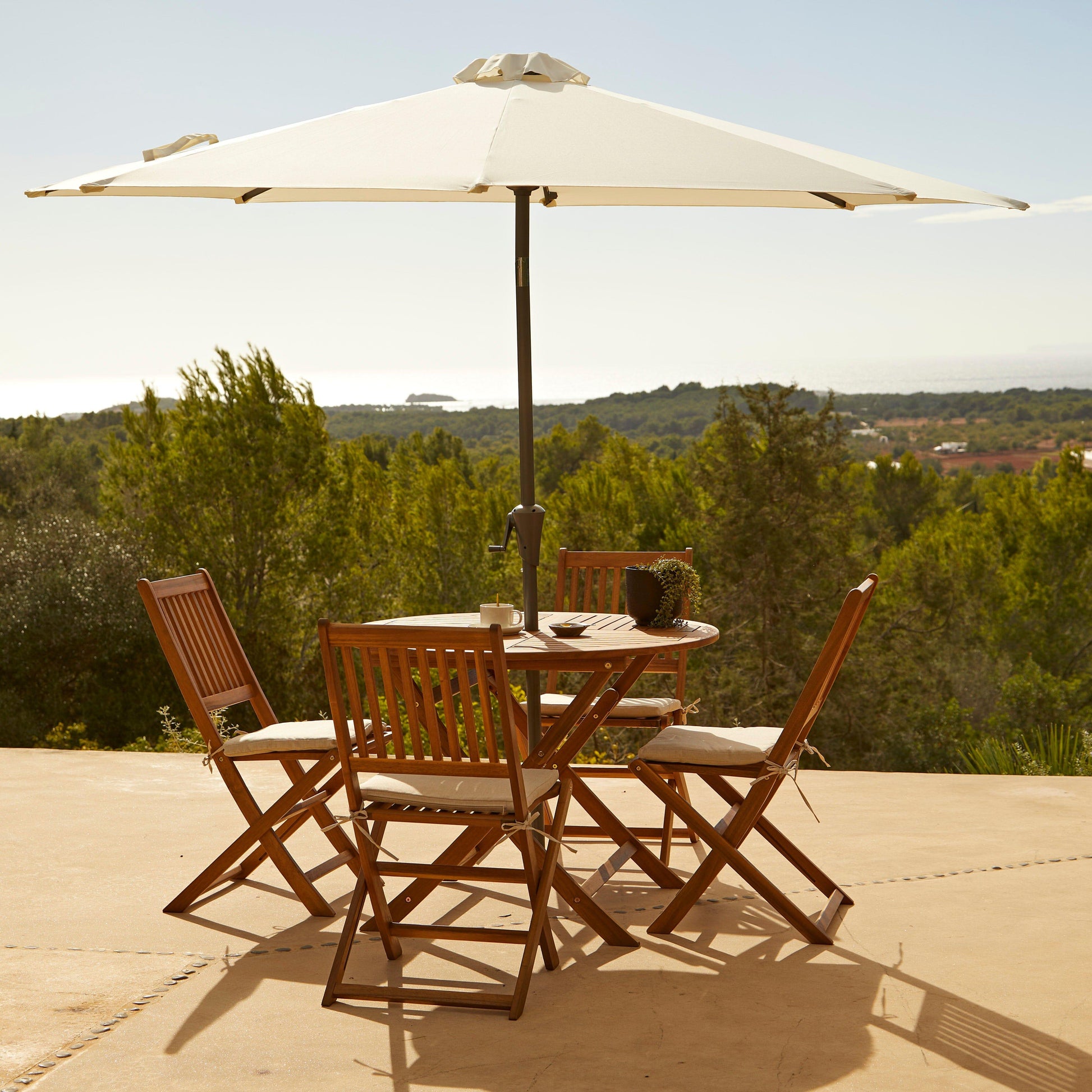 Ashby 4 Seater Round Wooden Garden Dining Set With Premium LED Cream Parasol - 100cm - Laura James