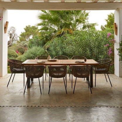 Hali 8 Seater Industrial Dining Set with Solid Wood Table Top and Green Rope Chairs - Laura James