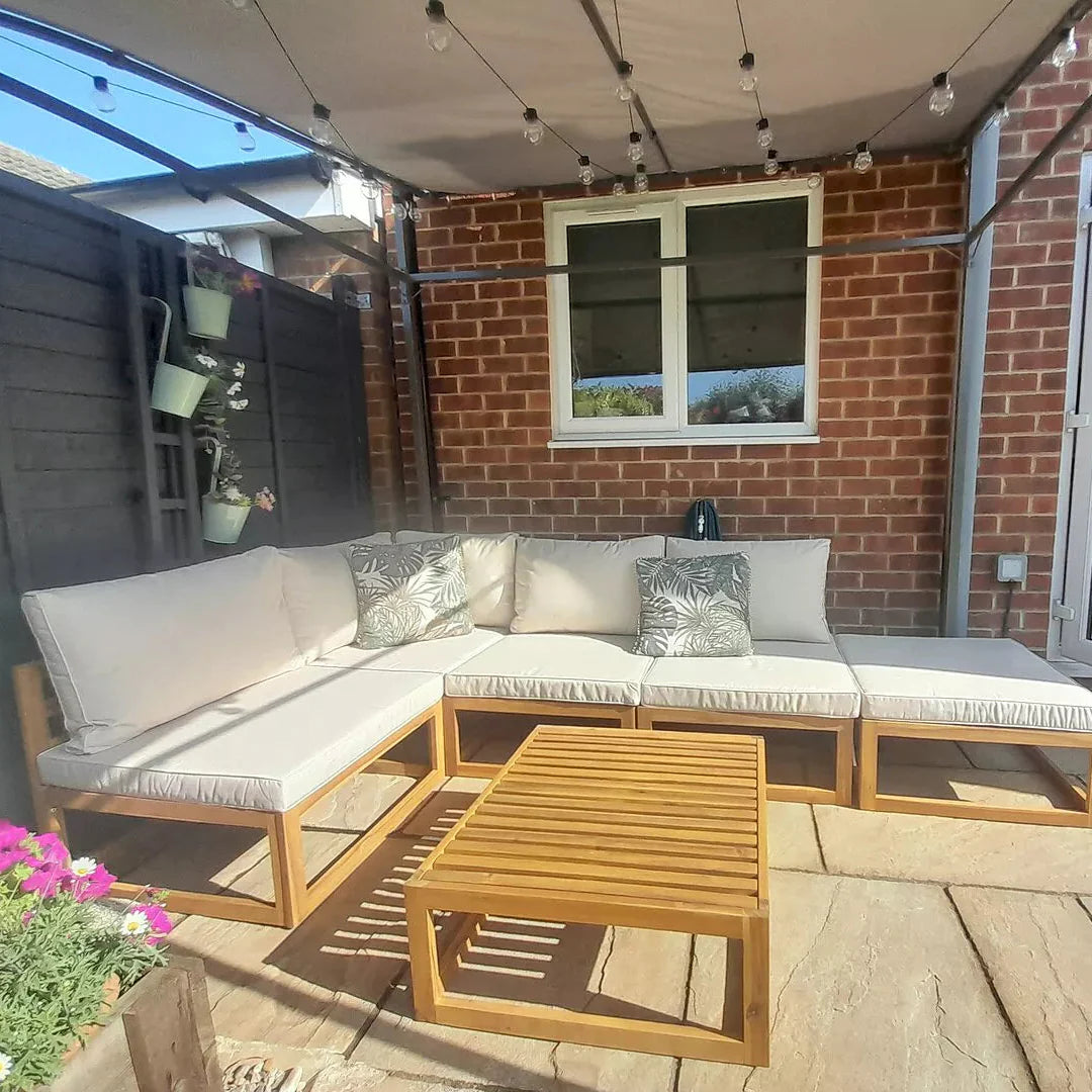 Rowan 5 Seater Wooden Garden Chaise Corner Sofa Set with Coffee Table - Natural  Laura James 