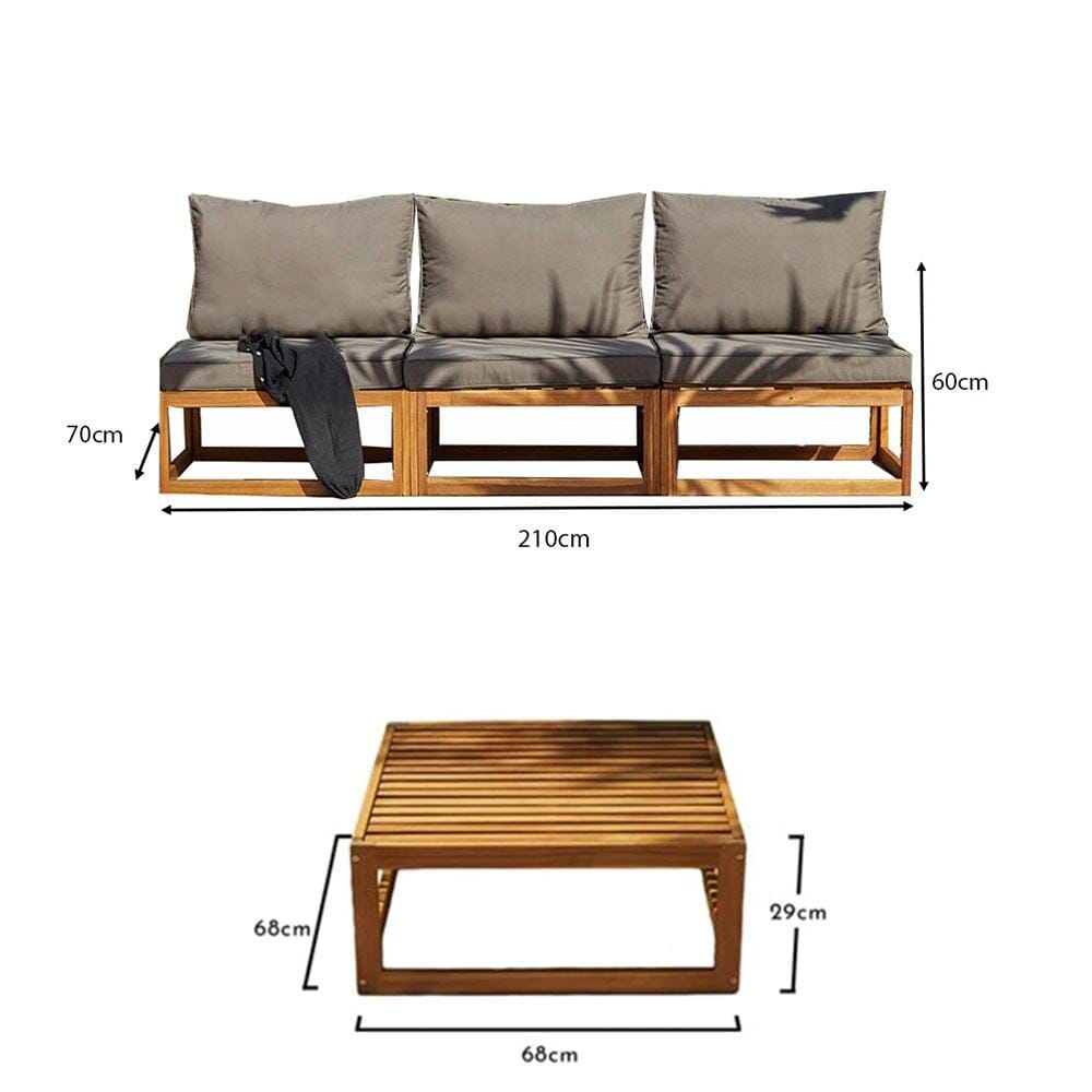 Rowan 3 Seater Wooden Garden Armless Sofa and Coffee Table - Grey - Laura James