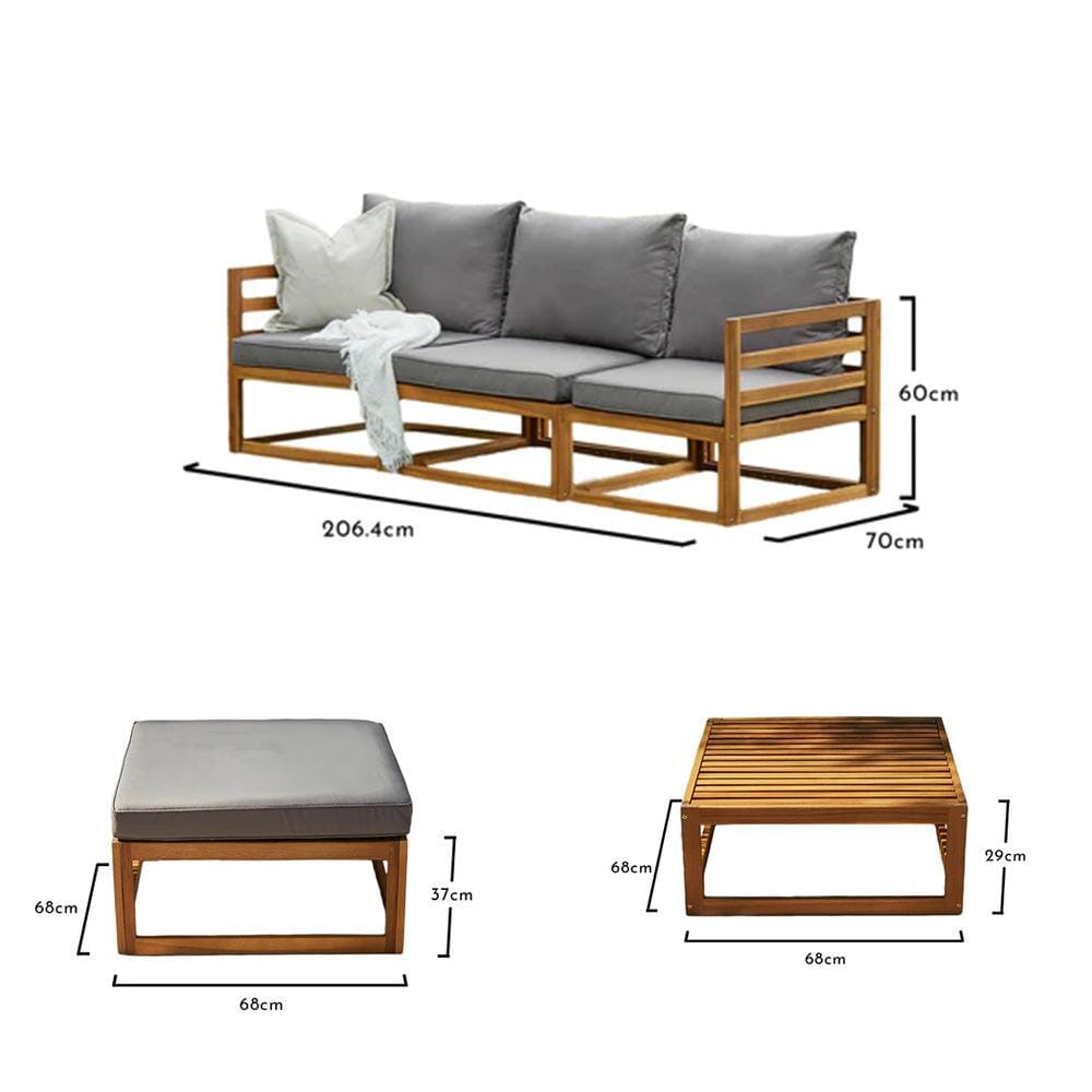 Rowan 3 Seater Wooden Garden Sofa Set with Footstool and Coffee Table - Grey - Laura James