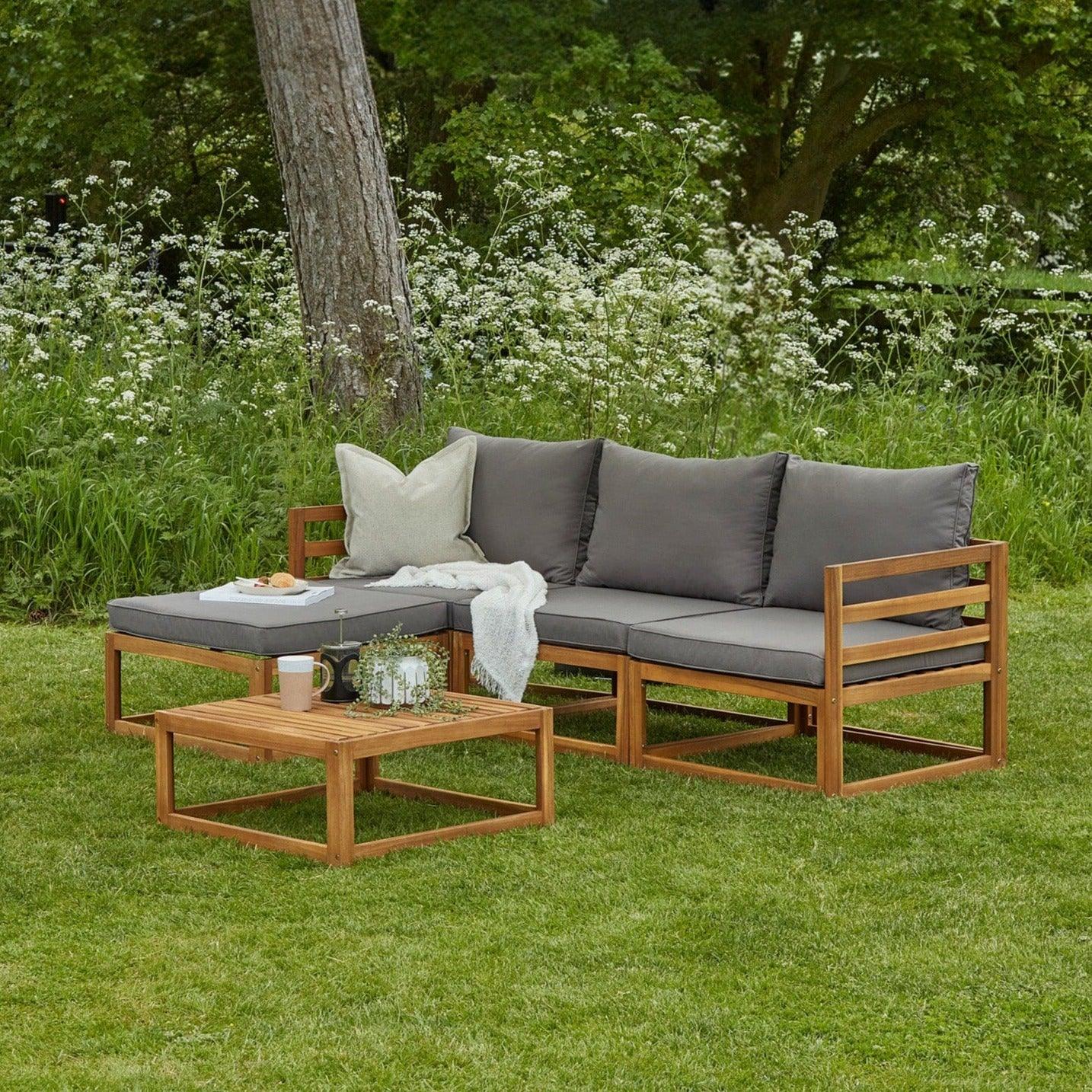 Rowan 3 Seater Wooden Garden Sofa Set With Footstool and Coffee Table - Laura James