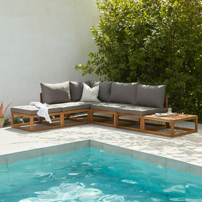 Rowan 5 Seater Wooden Garden Chaise Corner Sofa Set with Coffee Table - Grey - Laura James