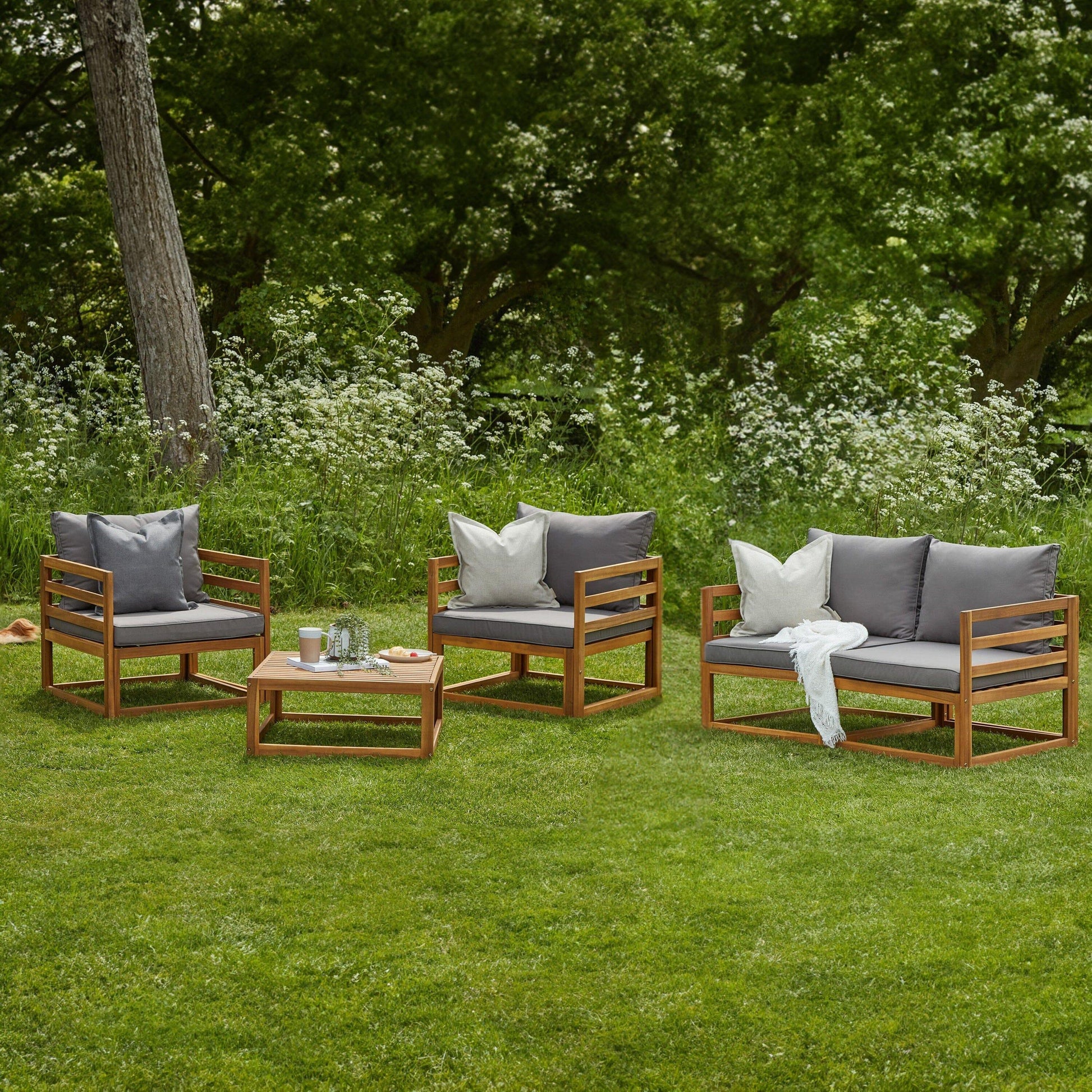 Rowan Outdoor Wooden Set with 2 Seater Sofa,  2 Armchairs and Coffee Table