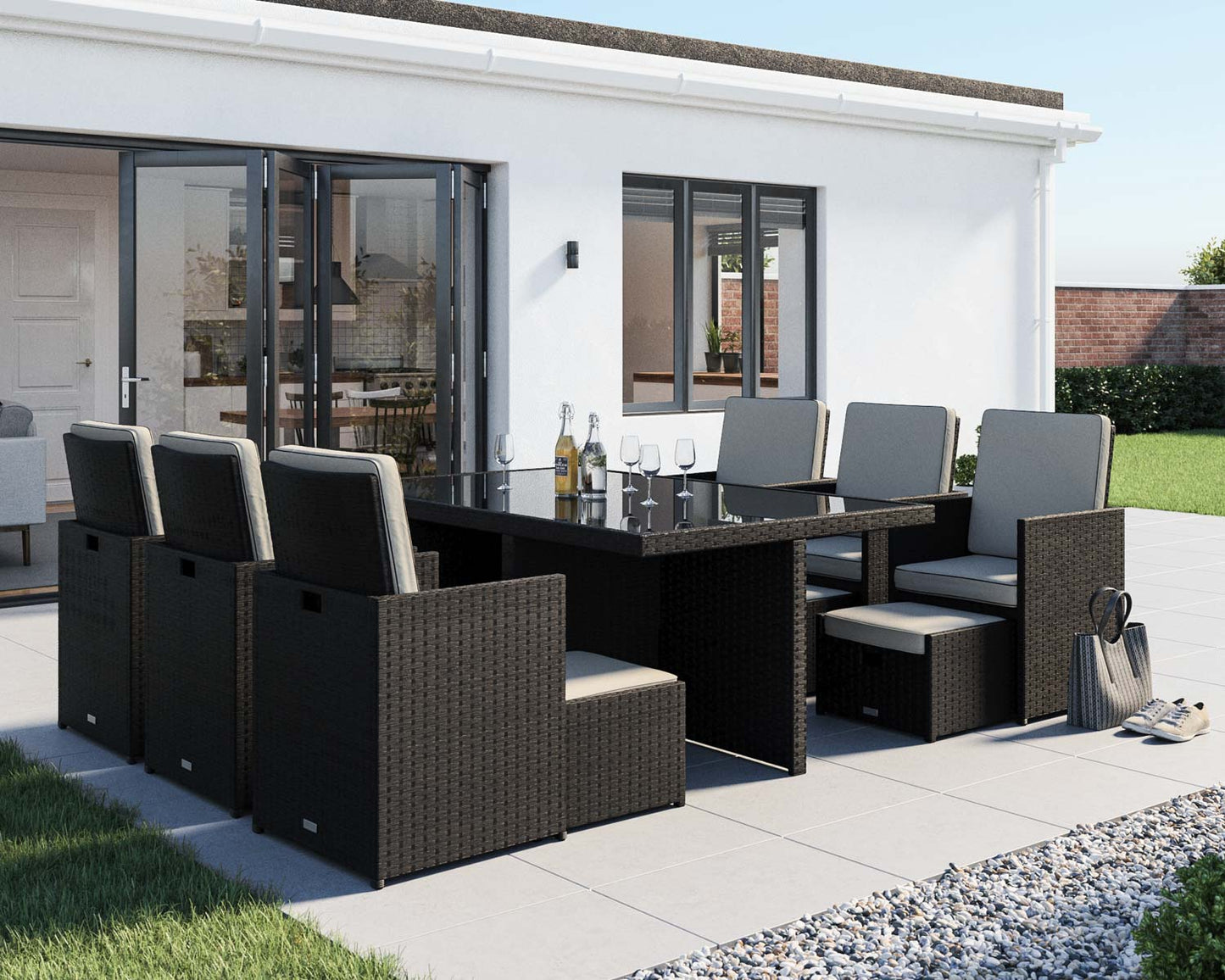 Barcelona 6 Seater Cube Set With Footstools in Black and Vanilla