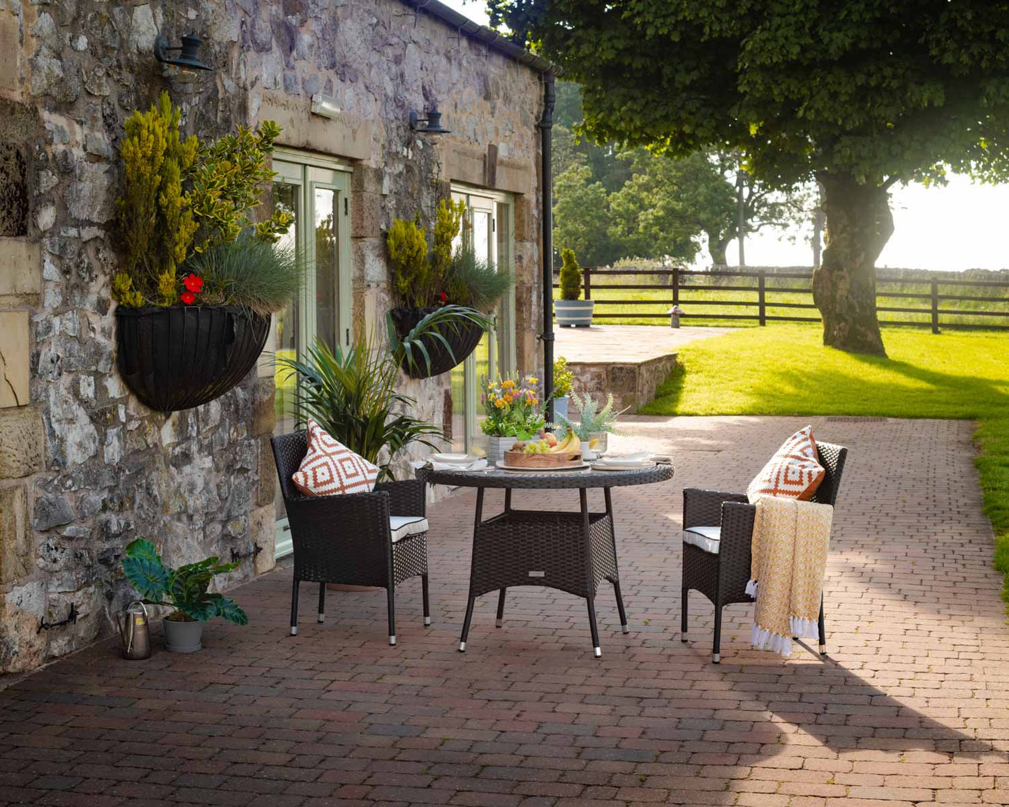 Cambridge 2 Rattan Garden Chairs and Small Round Table Set in Black and Vanilla