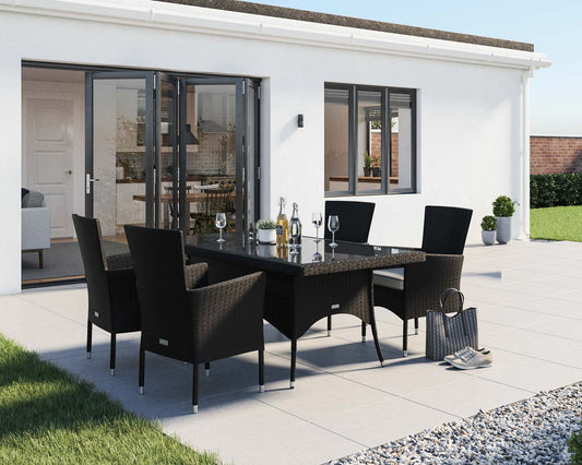 Cambridge 4 Rattan Garden Chairs and Rectangular Dining Table Set in Black and Vanilla