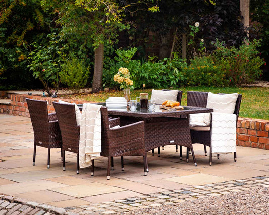 Cambridge 6 Rattan Garden Chairs and Rectangular Dining Table Set in Chocolate and Cream