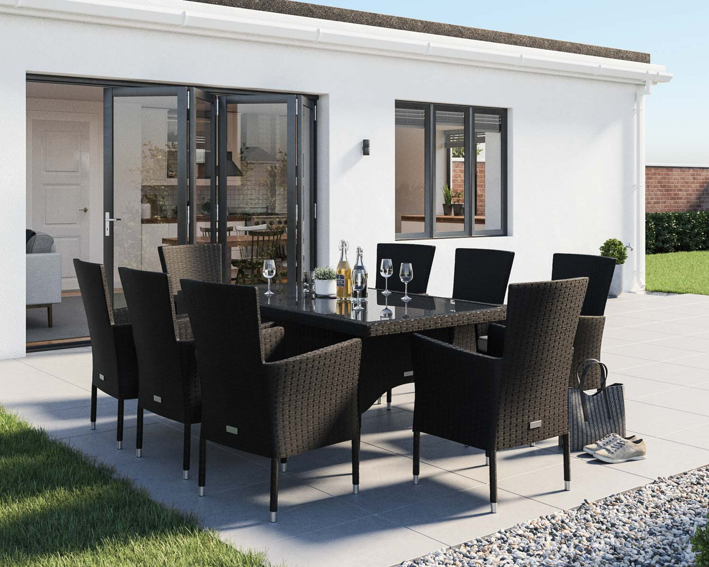 Cambridge 8 Rattan Garden Chairs and Rectangular Dining Table Set in Black and Vanilla