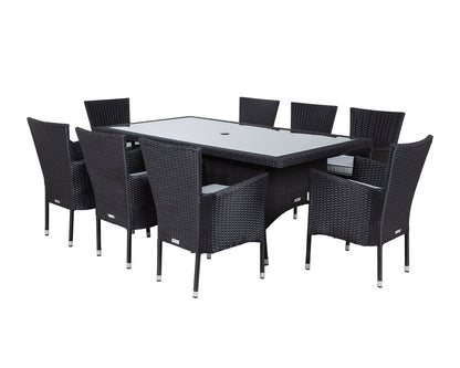 Cambridge 8 Rattan Garden Chairs and Rectangular Dining Table Set in Black and Vanilla