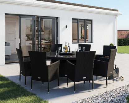 Cambridge 8 Rattan Garden Chairs and Large Round Dining Table Set in Black and Vanilla
