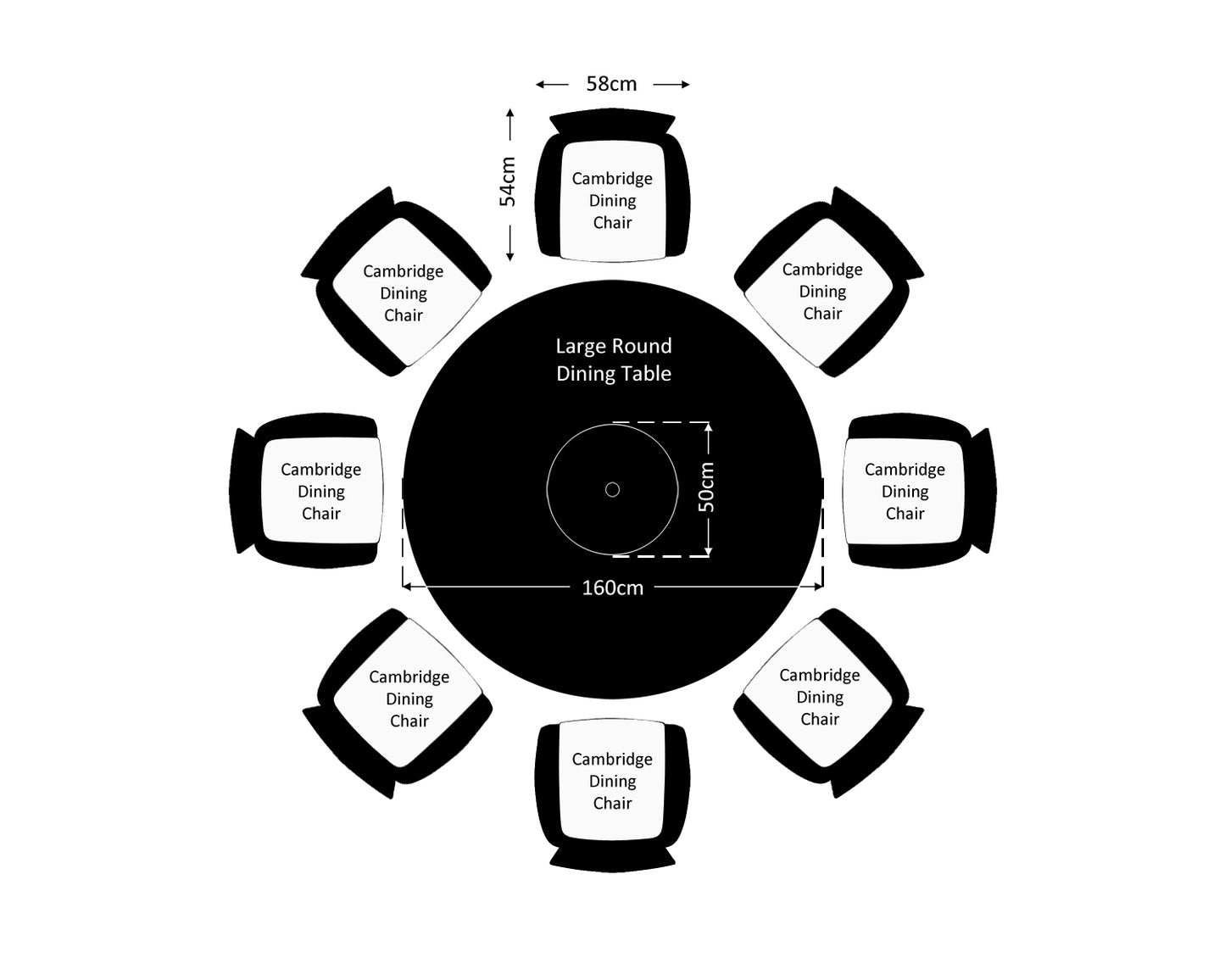Cambridge 8 Rattan Garden Chairs and Large Round Dining Table Set in Black and Vanilla