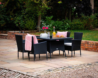 Cambridge 4 Rattan Garden Chairs and Small Rectangular Dining Table Set in Black and Vanilla