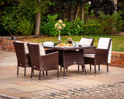 Cambridge 4 Rattan Garden Chairs and Small Rectangular Dining Table Set in Chocolate and Cream