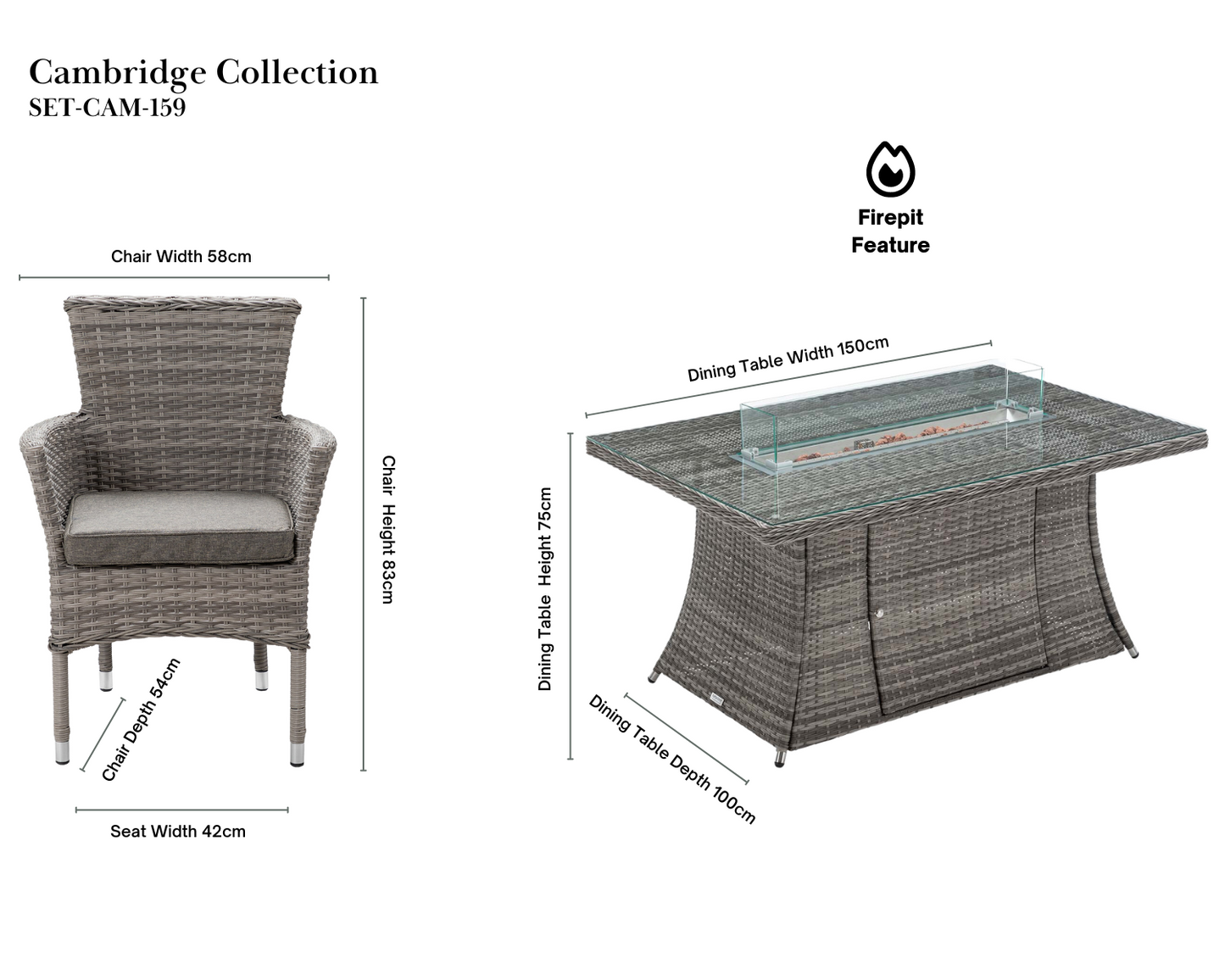 Cambridge 6 Rattan Garden Chairs and Rectangular Fire Pit Dining Table in Grey