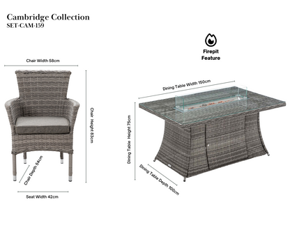 Cambridge 6 Rattan Garden Chairs and Rectangular Fire Pit Dining Table in Grey