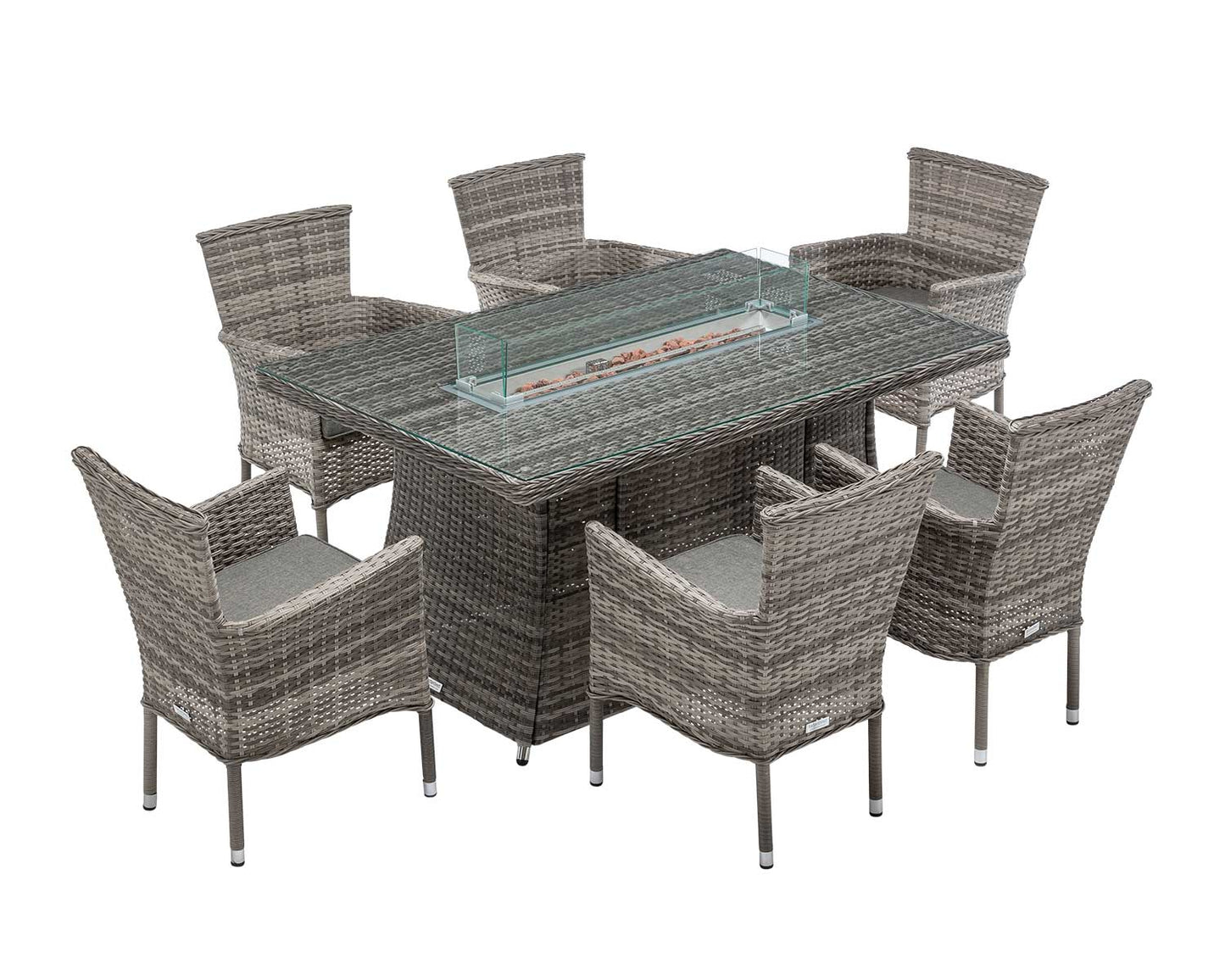 Cambridge 6 Rattan Garden Chairs and Rectangular Fire Pit Dining Table in Grey