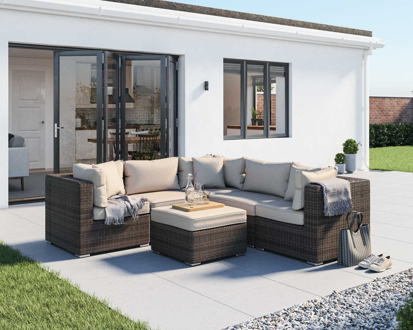 Florida 6 Piece Rattan Garden Corner Sofa Set in Premium Truffle Brown and Champagne