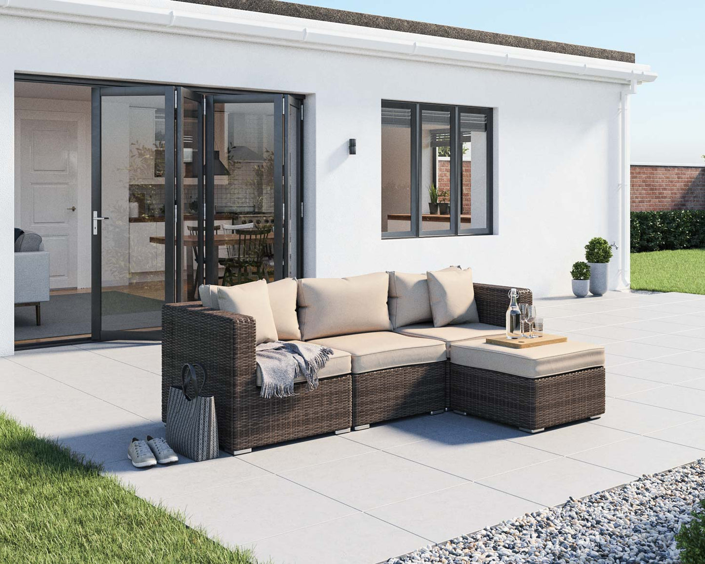 Florida 4 Piece Rattan Garden Corner Sofa Set in Premium Truffle Brown and Champagne