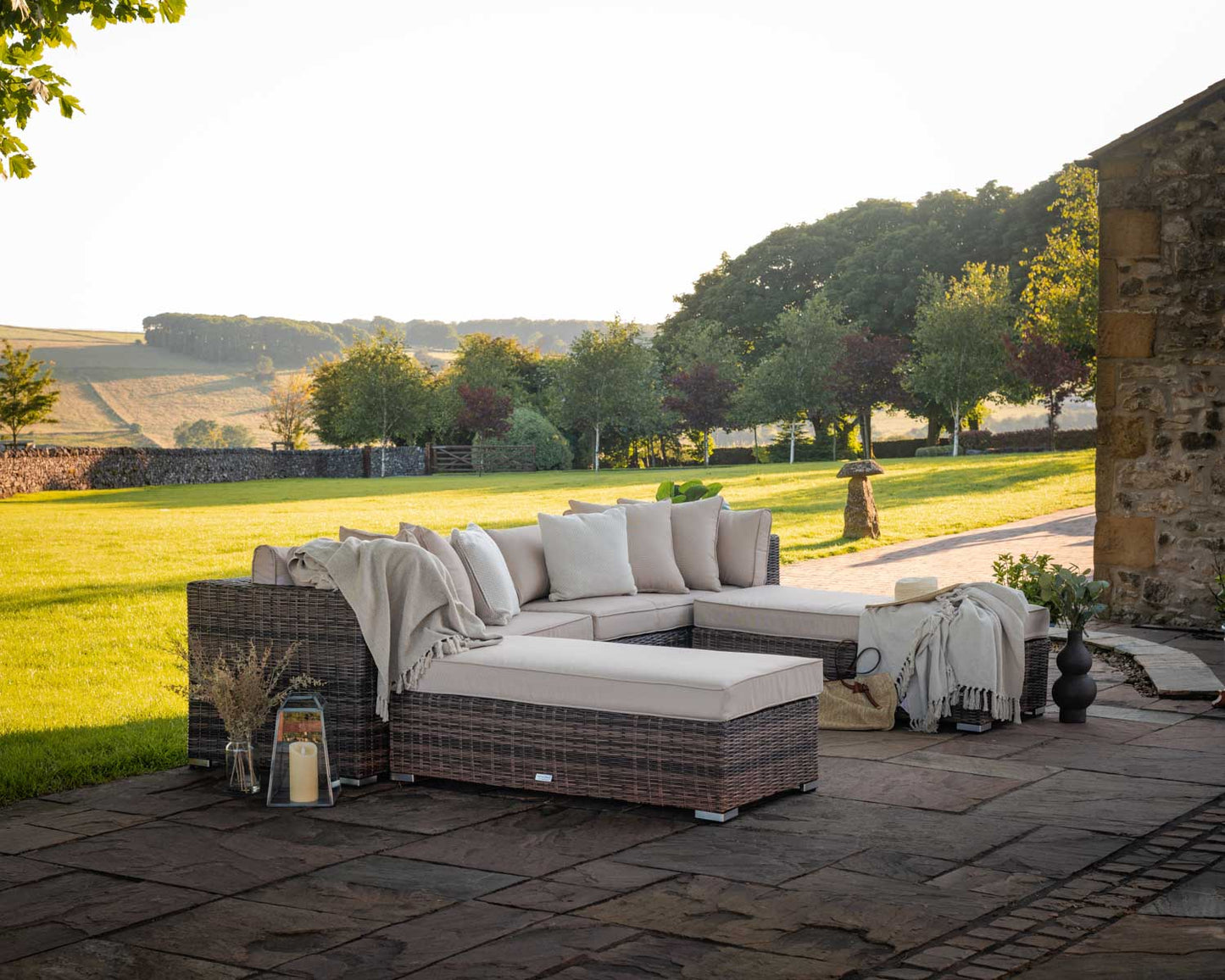 Monaco Rattan Garden Day Bed Sofa Set in Premium Truffle Brown and Champagne