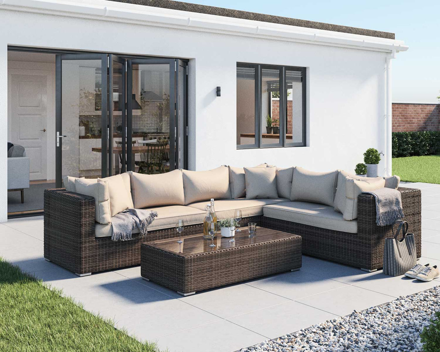 Monaco Rattan Garden Lefthand Corner Sofa Set in Premium Truffle Brown and Champagne