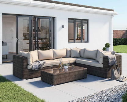 Monaco Rattan Garden Lefthand Corner Sofa Set in Premium Truffle Brown and Champagne