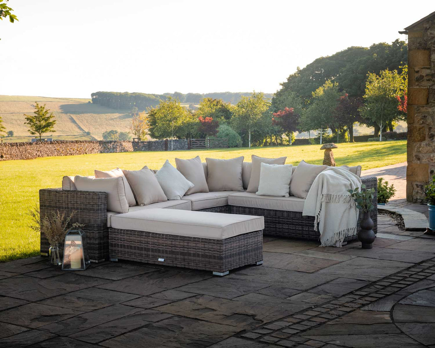 Monaco Rattan Garden Lefthand Corner Sofa Set in Premium Truffle Brown and Champagne